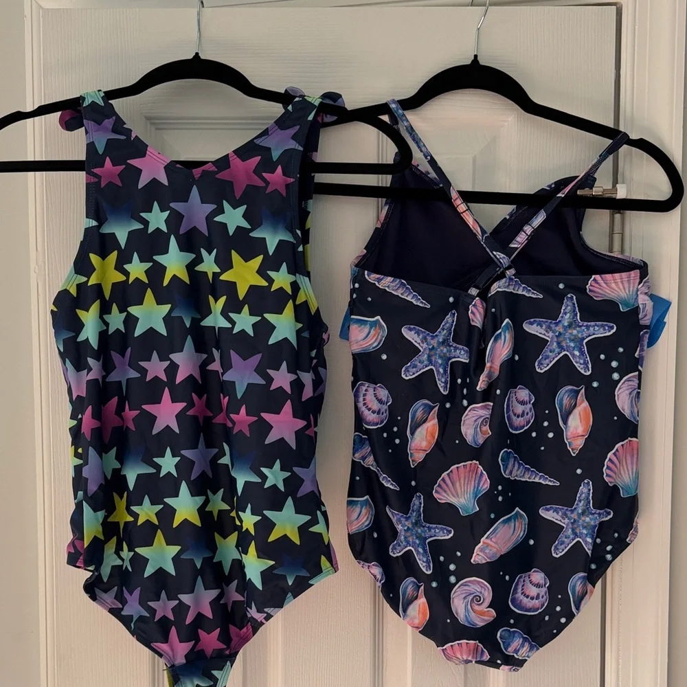 Land’s End: Two XL Kids One-Piece Swimsuits- Navy Star & Seashell Prints